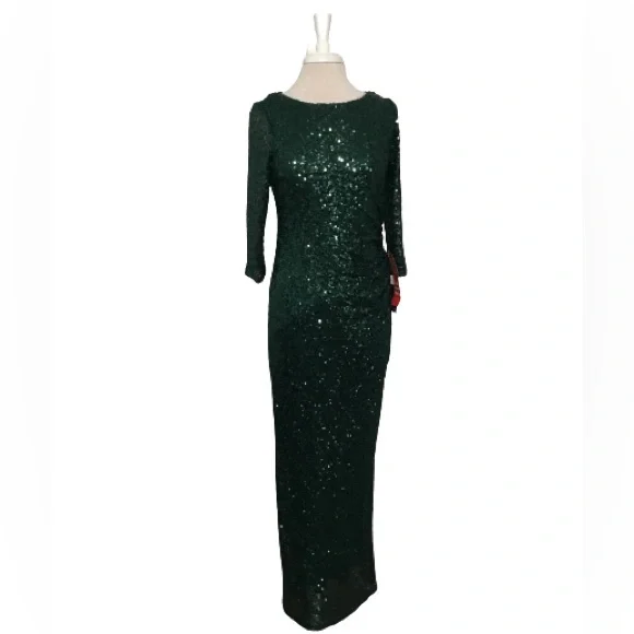 MARINA | Dresses | Marina Emerald Green Sequin Lined Long Gown Ruched Side  Back Slit Size | Poshmark
